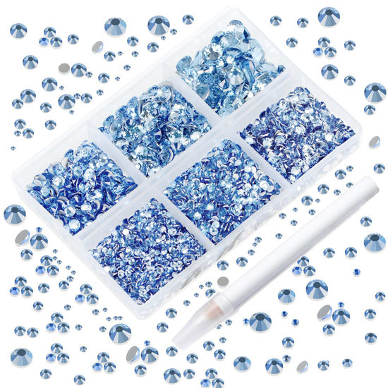 Picture of AD Beads 4300 Pieces Flat Back Nail Art Rhinestones Round Beads 6 Sizes (2-6.5mm) with Storage Organizer Box,Rhinestones Picking Pen for Nail Art Phone Decorations Crafts DIY (Light Blue)