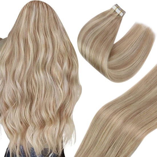 Picture of Sunny Tape in Hair Extensions Real Human Hair Blonde Highlights Tape ins Extensions Ash Blonde Mix Bleach Blonde Tape in Hair Extensions Remy Human Hair Blonde Highlights Straight 20pcs 50g 20inch