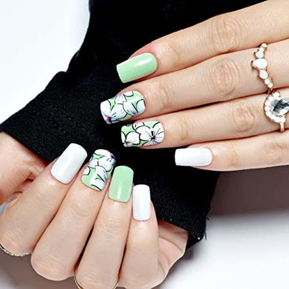 Picture of Press on Nails Short Square GLAMERMAID, Green Flower Fake Nails with Design Acrylic False Nail Kits Medium Stick Glue on Nails Sets for Women Reusable Full Cover Gel Nails for Spring Summer