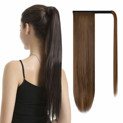 Picture of BARSDAR 30 Inch Ponytail Extension Long Straight Wrap Around Clip in Synthetic Fiber Hair for Women - Dark Brown mix Auburn Evenly