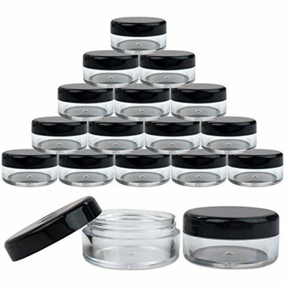 Picture of 50 New Empty 5 Grams Acrylic Clear Round Jars - BPA Free Containers for Cosmetic, Lotion, Cream, Makeup, Bead, Eye shadow, Rhinestone, Samples, Pot, Small Accessories 5g/5ml (BLACK LID)