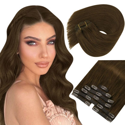 Picture of Sunny Clip In Human Hair Extensions medium brown 20Inch 7Pcs Chocolate Brown Hair Extensions Clip Ins Real Human Hair Invisible Brown Hair Extensions Real Human Hair Double Weft Silky Soft 120G