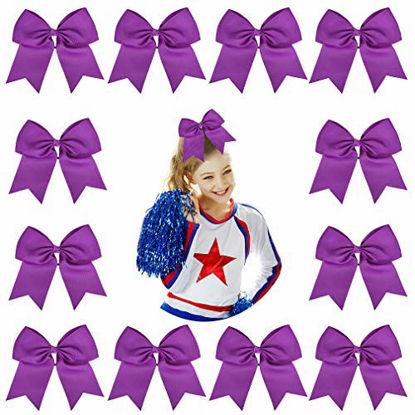 Picture of DEEKA 12PCS 8" Large Cheer Hair Bows Ponytail Holder Handmade for Teen Girls Softball Cheerleader Sports-Purple