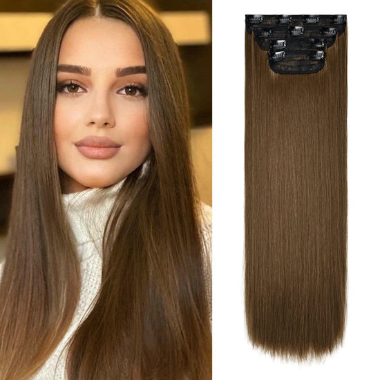 Picture of REECHO Brown Hair Extensions, 4PCS Clip in Hair Extensions, 24" Thick Long Straight Hairpieces for Women, Chocolate Brown