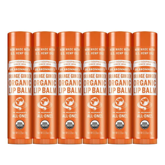 Picture of Dr. Bronner's - Organic Lip Balm (Orange Ginger, .15 Ounce, 6-Pack) - Made with Organic Beeswax and Avocado Oil, For Dry Lips, Hands, Chin or Cheeks, Jojoba Oil for Added Moisture, Cooling