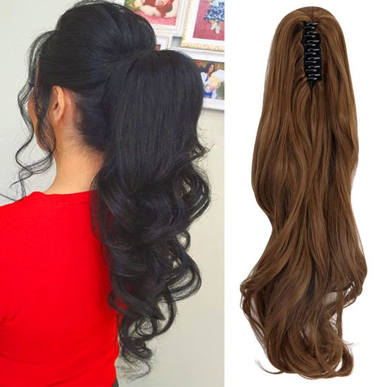 Picture of OMGREAT Claw Clip in Ponytail Hair Extension Synthetic Hair One Piece Clip on Hairpieces Curly 18 inch Light Auburn (150g)