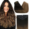 Picture of Sunny Black Ombre Clip in Hair Extensions Real Human Hair 16inch 7pcs 120g Natural Black To Dark Brown Mix Caramel Brown Human Hair Clip in Extensions Black Ombre Invisible Clip on Hair Extensions