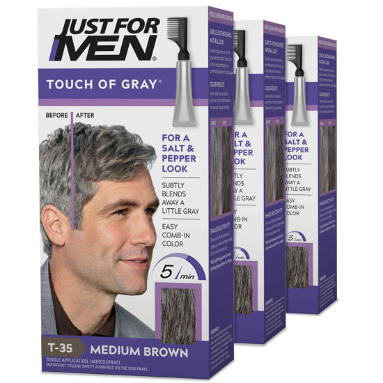 Picture of Just For Men Touch Of Gray, Gray Hair Coloring for Men with Comb Applicator, Great for a Salt and Pepper Look - Medium Brown, T-35 - Pack of 3 (Packaging May Vary)