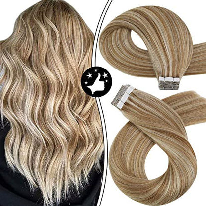 Picture of Tape in Extensions Human Hair, Moresoo 18inch Blonde Highlighted Tape in Hair Extensions Human Hair 100% Real Hair Extensions 20Pieces/50Grams Remy Tape in Hair Extensions