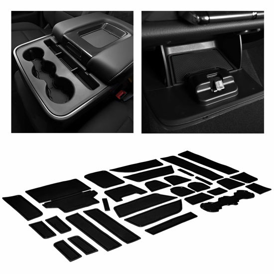 Picture of CupHolderHero for Chevy Silverado 1500 and GMC Sierra Accessories 2014-2022 Interior Cup Holder Inserts, Center Console Liner Mats, Door Pocket 33-pc Set (Crew Cab with Bench Seats) (Solid Black)