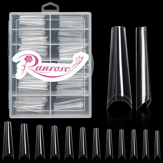 Picture of Ranrose 120PCS Clear Extra Long Coffin C Curve Nail Tips XXL Coffin Long Half Cover False Nails 10 Sizes Ballerina Nail Tips Press on Nails with Box (Clear 2XL Coffin Tips)