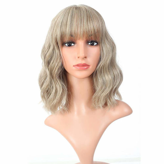 Picture of FAELBATY Blond Wig Short Bob Wigs With Air Bangs Shoulder Length Women's Wig Curly Wavy Synthetic Cosplay Wig for Girl Costume Wigs Mix Khaki Blonde Gold color