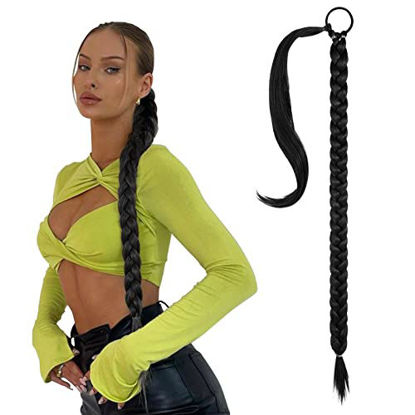 Picture of SEIKEA Long Braided Ponytail Extension with Hair Tie Straight Wrap Around Hair Extensions Ponytail Natural Soft Synthetic Hair Piece Daily Wear 30 Inch 160 Gram Black