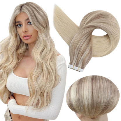 Picture of Full Shine Tape in Human Hair Extensions 24 Inch Ash Blonde to Light Blonde Highlights Platinum Blonde Remy Tape in Hair Extensions for Women 50g PU Skin Weft Hair,18/22/60