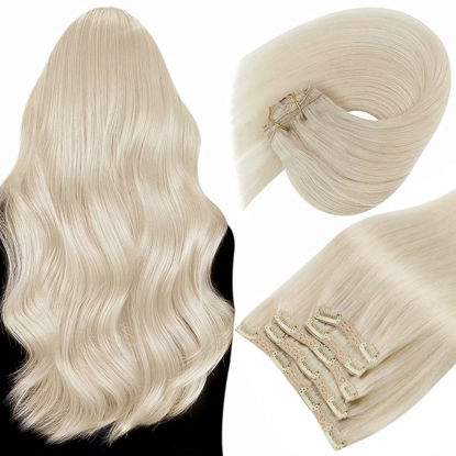 Picture of Sunny Clip In Hair Extensions Blonde Human Hair 10Inch 70G Blonde Human Hair Extensions Clip Ins Short Hair Invisible Remy Natural Clip In Extensions Platinum Blonde Double Weft 5Pcs