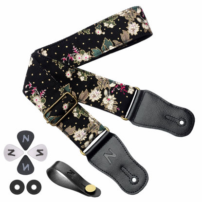 Picture of Nefelibata Guitar Strap,Japan Hot-Bronzing Cotton Acoustic Guitars Straps with Genuine Leather Ends for Electric Guitar,Bass & Ukulele. Include Straps Button,Guitar Picks and Strap Locks(Syringa)