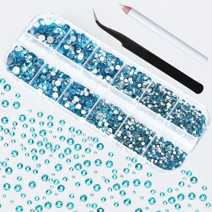 Picture of Rhinestones 2400 Pcs Flatback Rhinestones Round Crystal Nail Gems 6 Sizes (1.5-4.8 mm) Nail Jewels Glass Diamonds Stones Kit with Tweezers and Picking Pen, for Nail Art Craft Eye Makeup (Aquamarine)