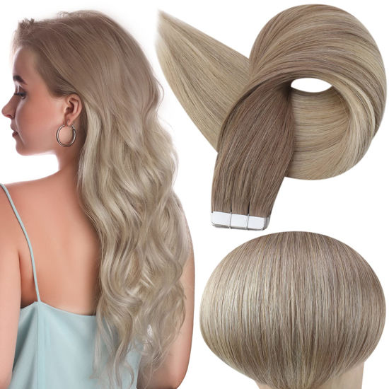 Picture of Full Shine Hair Extensions Real Human Hair Tape in 50g Balayage Ash Brown to Ash Blonde and Platinum Hair Extensions 22 Inch Tape in Extensions 20pcs Tape ins #8/60/18