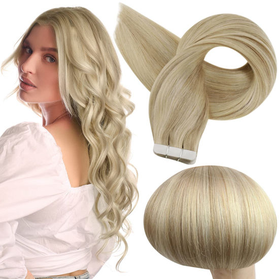 Picture of Full Shine Hair Extensions Tape in 24 Inch Color 16 Highlighted 22 Blonde Hair Extensions 50g Pu Tape in Hair Skin Weft Hair Extensions Tape ins 20 Pcs