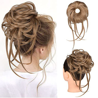 Picture of Messy Bun Hair Piece, HOOJIH Super Long Tousled Updo Hair Bun Extensions Wavy Hair Wrap Ponytail Hairpieces Hair Scrunchies with Elastic Hair Band for Women Girls - Deep Blonde and Light Blonde mixed