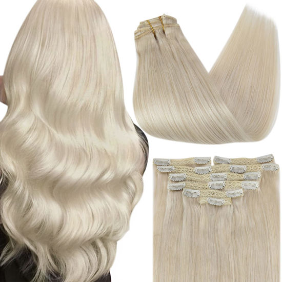 Picture of Sunny Clip in Hair Extensions Blonde Clip in Human Hair Extensions Platinum Blonde Real Hair Extensions Clip in Human Hair Double Weft 7pcs 120 24inch