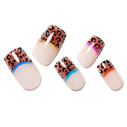 Picture of Press on Nails Short Square GLAMERMAID, Nude French Animal Tips Fake Nails with Design Leopard Nature Acrylic False Nail Kits Medium Stick Glue on Nails Sets for Women Reusable Full Cover Gel Nails for Spring Summer