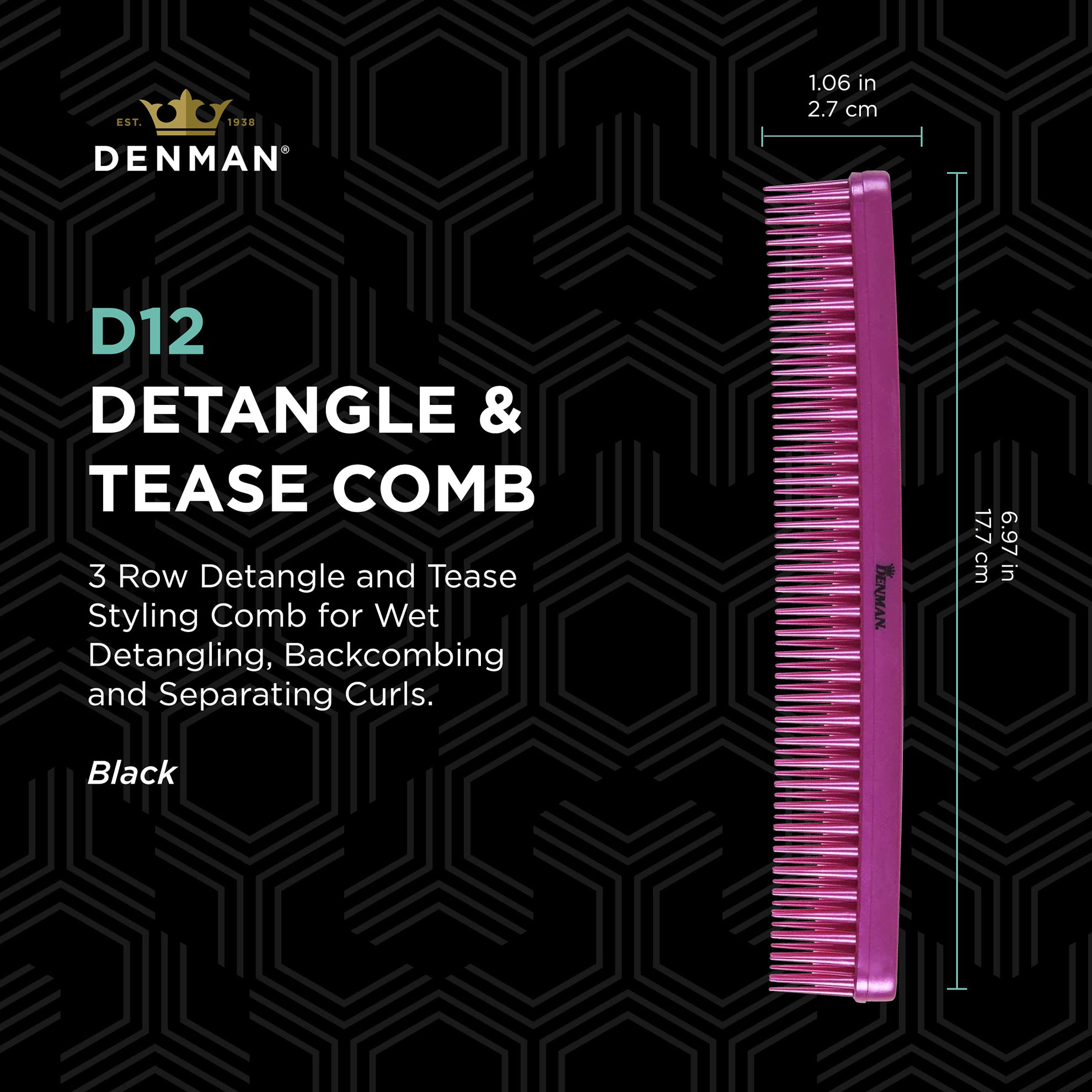 Getuscart Denman 3 Row Detangle And Tease Styling Comb Pink For Wet