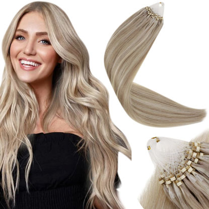 Picture of LAAVOO Blonde Micro Beads Human Hair Extensions 20 inch Dark Ash Blonde Highlight Light Blonde Micro Loop Ring Hair Extensions Brazilian Micro Nano Link Hair Extensions 50g/50s