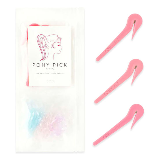 Picture of THE PONY PICK By Lolly - Elastic Rubber Bands Cutter for Hair - Elastic Hair Band Remover - Pain Free - Easy Removal - 3 Pack of Pink Pony Picks & 50 Colored Hair Elastics, Easy Grip Tools & Accessories