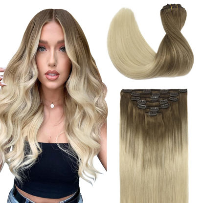 Picture of GOO GOO Clip in Hair Extensions Human Hair 22 Inch 120g 7pcs Ombre Ash Brown to Platinum Blonde Remy Hair extensions Clip in Human Hair Straight Real Hair Natural