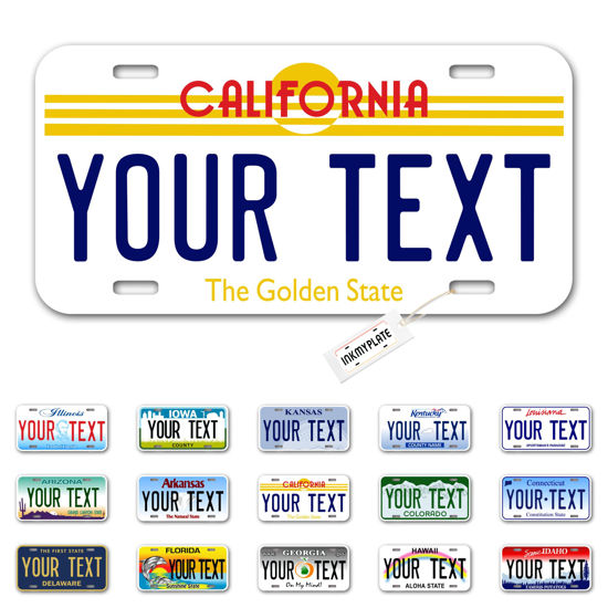 Picture of InkMyPlate Personalized California Old Car License Plate | 12x6 Inch | Select from All 50 States | 3 Sizes | Custom California for Front Car Bumper | Personalized Car Tags | USA Thick .040 Aluminum