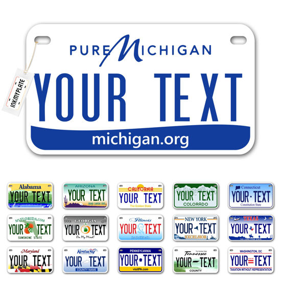 Picture of InkMyPlate Personalized Michigan Blue Small License Plate | Motorcycle 7x4 in | 3 Sizes | Custom License Plates for Kids Bicycles | Power Wheels | Wagons | ATV | USA Thick .040 Aluminum