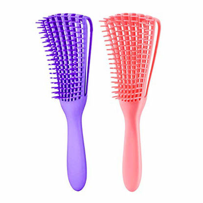 Picture of Detangling Brush for Afro America/African Hair Textured 3a to 4c Kinky Wavy/Curly/Coily/Wet/Dry/Oil/Thick/Long Hair, Knots Detangler Scalp Massage Comb Hair Detangler for Women (2 pcs, Purple-Pink)