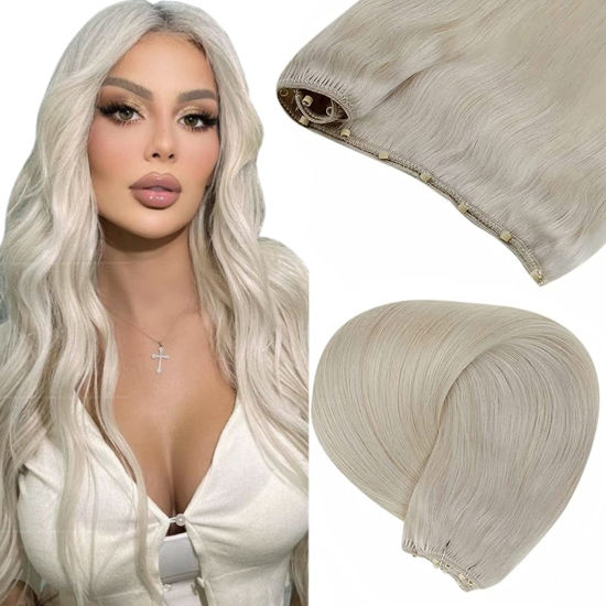 Picture of LAAVOO Beaded in Weft Hair Extensions Real Human Hair Ice Blonde Micro Beaded in Weft Blonde Extensions Seamless Micro Ring Weft Hair Weft Extensions Soft Silky 50g 20"