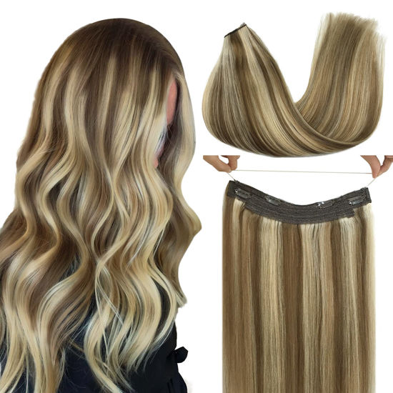 Picture of GOO GOO Hair Extensions Real Human Hair 18 Inch 95g Medium Brown Highlighted Golden Blonde Extensions Real Human Hair Extensions Straight Invisible Line Extensions Remy Hair