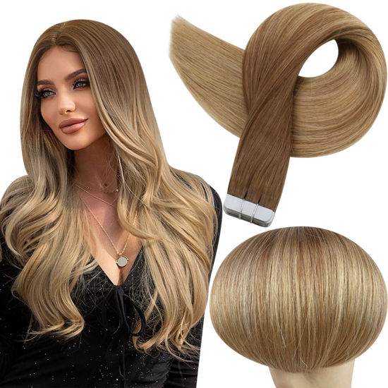 Picture of Full Shine Tape Human Hair Extensions 50g 20pcs Seamless Tape ins Extensions 14 Inch Golden Brown to Dark Blonde Balayage Hair Extensions Tape in Glue in Extensions,10/14