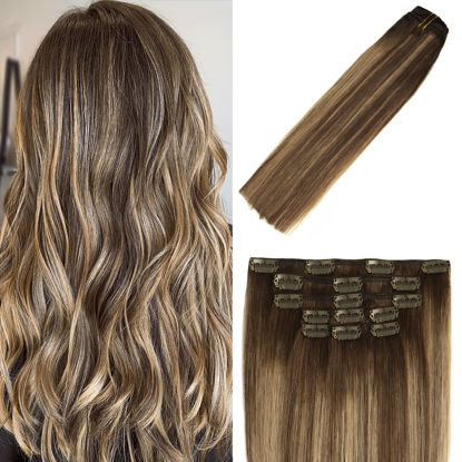 Picture of Clip in Hair Extensions Human Hair Balayage Chocolate Brown To Dark Blonde Ombre Highlights for Brown Hair 12Inch 70g #4T27P4 7PCS