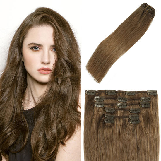 Picture of Clip In Hair Extensions Human Hair Ash Brown 18Inch 70g #8 7PCS Hair Extensions for women for Brown Hair Remy Hair