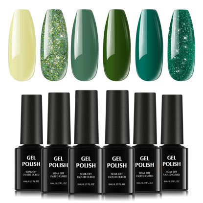 Picture of TOMICCA Gel Nail Polish Set - 6 PCS Green Colors Nail Polish, 6 Colors Glitter Green Sparkle Gel Polish Kit for Women