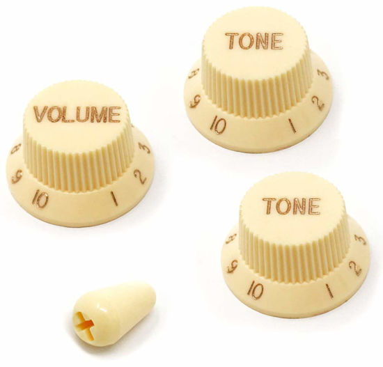 Picture of Vintage Forge Cream Guitar Control Knobs (1 Volume, 2 Tone, 1 Switch Tip) for Fender Strat Style Electric Guitars Fits USA (Imperial) Split Shaft Pots STKUS-CRM