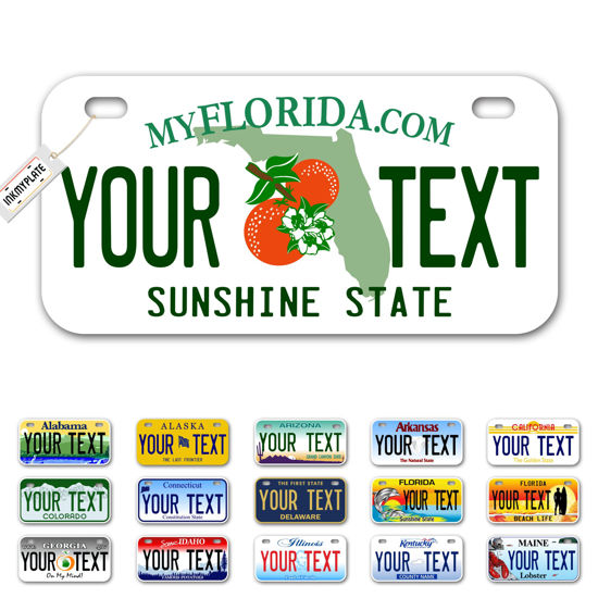 Picture of InkMyPlate Personalized Florida Small License Plate | Bike 6x3 inch | Select from All 50 States | 3 Sizes | Custom License Plates for Kids Bicycles | Power Wheels | USA Thick .040 Aluminum