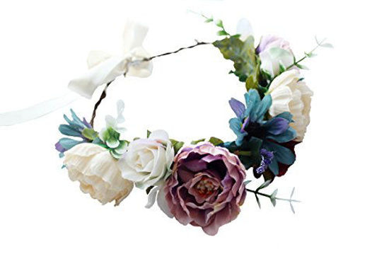 Picture of Flower Wreath Crown Boho Flower Headband Hair Garland Floral Headpiece Halo with Ribbon Wedding Party Festival Photos Blue by Vivivalue