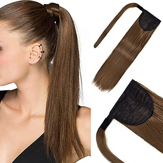 Picture of SEIKEA 16" Clip in Ponytail Extensions Wrap Around Long Straight Pony Tail Synthetic Hairpiece - Light Chocolate Brown