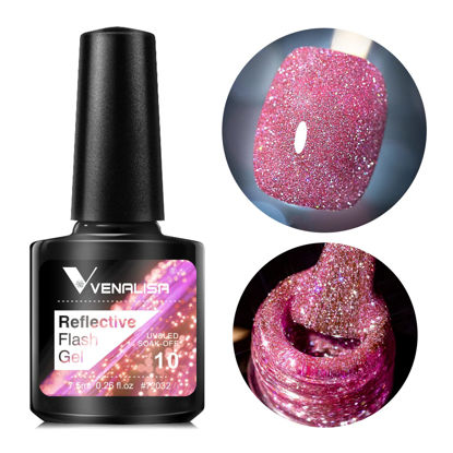 Picture of VENALISA Reflective Glitter Gel Polish,Sparkle Shiny Neon Disco Flash Pink Gel Nail Polish,Soak Off UV LED for DIY Nail Art Design Manicure Salon DIY at Home (010-Flash Pink)