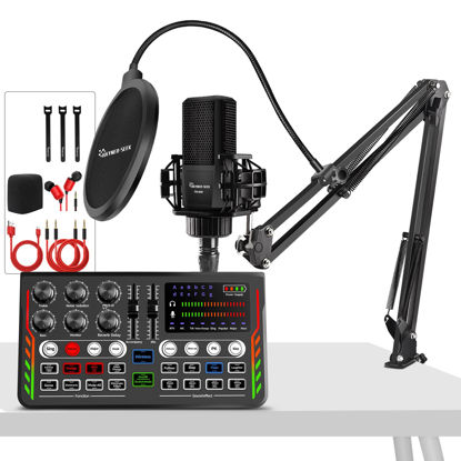 Picture of Podcast Equipment Bundle Aluminum Alloy Panel with 48V Condenser Microphone ALL-IN-ONE Audio Interface with Sound DJ Mixer [DIY Sound Effect] for Live Streaming/Recording/Gaming, Phone/PC/Laptop