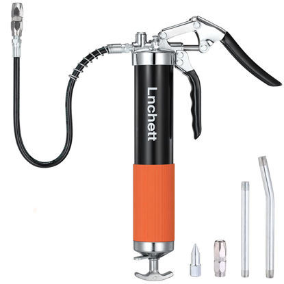 Picture of Lnchett Grease Gun, 7000 PSI Professional Heavy Duty Pistol Grip Grease Gun with 18 Inch Spring Flex Hose, 2 Reinforced Coupler, 2 Extension Rigid Pipe and1 Sharp Nozzle Included