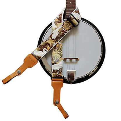 Picture of MUSIC FIRST, 2 inch width (5cm), Padded, Vintage Ukiyoe Style"Chrysanthemum & Crane in Tan" Soft Muslin & Genuine Leather Delux Banjo Strap, With 2 pieces of MUSIC FIRST Leather Strap Locker.