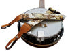 Picture of MUSIC FIRST, 2 inch width (5cm), Padded, Vintage Ukiyoe Style"Chrysanthemum & Crane in Tan" Soft Muslin & Genuine Leather Delux Banjo Strap, With 2 pieces of MUSIC FIRST Leather Strap Locker.