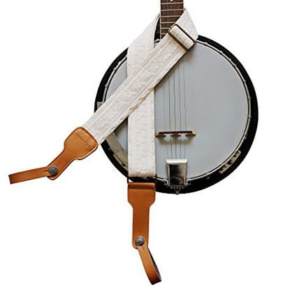 Picture of MUSIC FIRST Original Design, 2 inch width (5cm), Padded, White Graceful & Vintage"Lace" Soft Lace & Genuine Leather Delux Banjo Strap, With 2 pieces of MUSIC FIRST Leather Strap Locker.