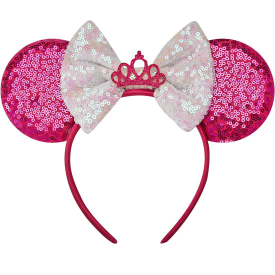 Picture of Eisyaa Mouse Ears Bow Headbands, Sequin Minnie Ears Headband Glitter Party Princess Decoration Cosplay Costume (Rose-Red Crown)